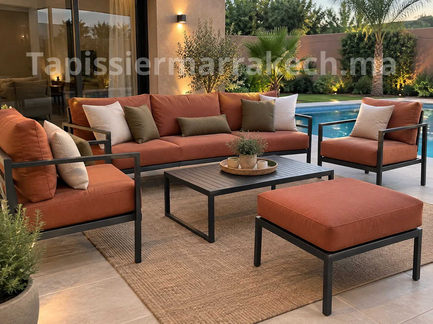 Salon extérieur terracotta avec table basse et végétation