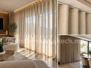 Voilages blancs et rideaux beiges dans un salon